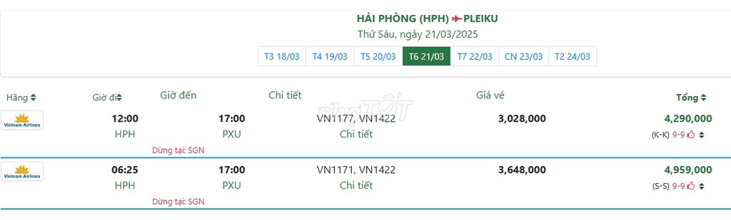 HẢI PHÒNG (HPH) PLEIKU Thứ Sáu, ngày 21/03/2025