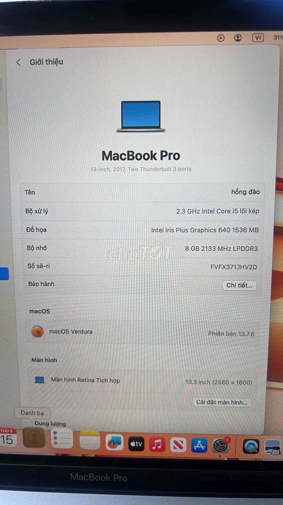 Apple MacBook Pro 2017 Core i5 13 inch 8GB. Mua bán Laptop tại Quận Bình Tân Tp Hồ Chí Minh được đăng bởi tuấn anh hình 1