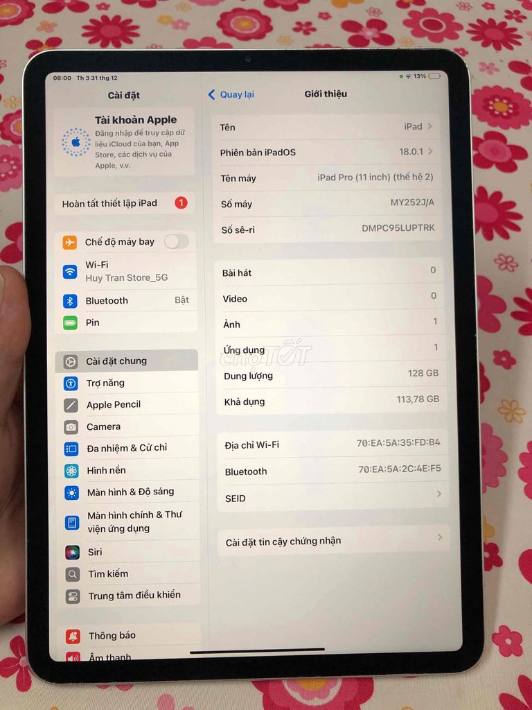 ipad pro 11" Gen 2 2020 128Gb wifi , máy đẹp 98%