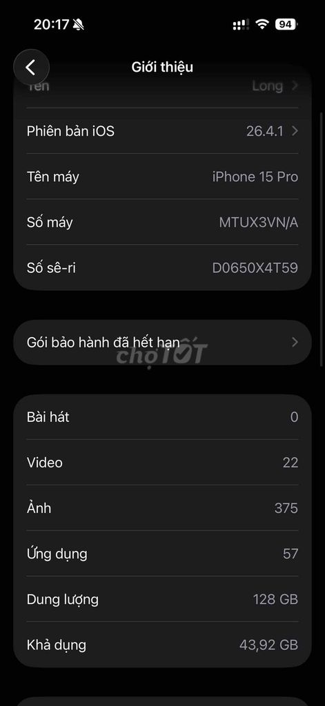 iPhone 15 Pro 128GB Xám VNA 99% mới. Mua bán Điện thoại tại Quận Hà Đông Hà Nội được đăng bởi JJbon hình 1