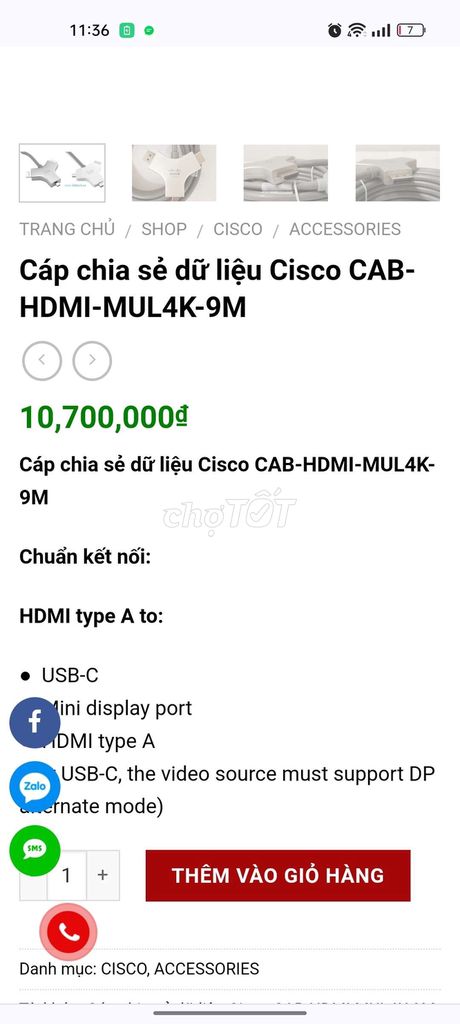 Cáp Cisco chia sẽ dữ liệu CAB-HDMI-MUL4K-9M