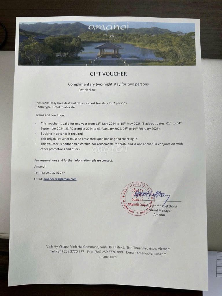 VOUCHER AMANOI VĨNH HY RESORT