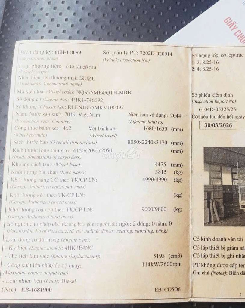 Bán gấp  isuzu 4.9 tấn đời 2019 thùng bạt 6m2. Mua bán Xe tải, xe ben tại Thành phố Thuận An Bình Dương được đăng bởi Hồ Xe Tải hình 7