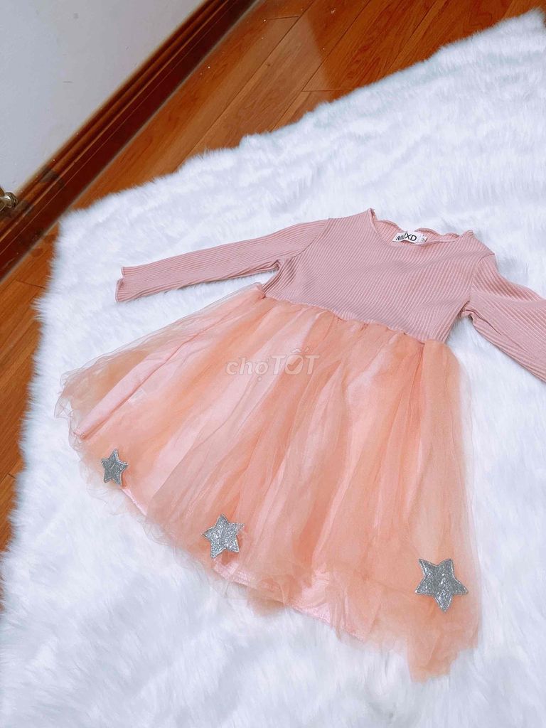 Váy bé gái - váy nhung tiểu thư đính hoa lông vũ siêu xinh cho bé 1-7 tuổi