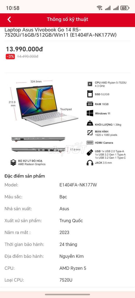 Asus Vivobook Go 14 AMD Ryzen 5 16GB/512GB. Mua bán Laptop tại Quận Cái Răng Cần Thơ được đăng bởi trung hình 1
