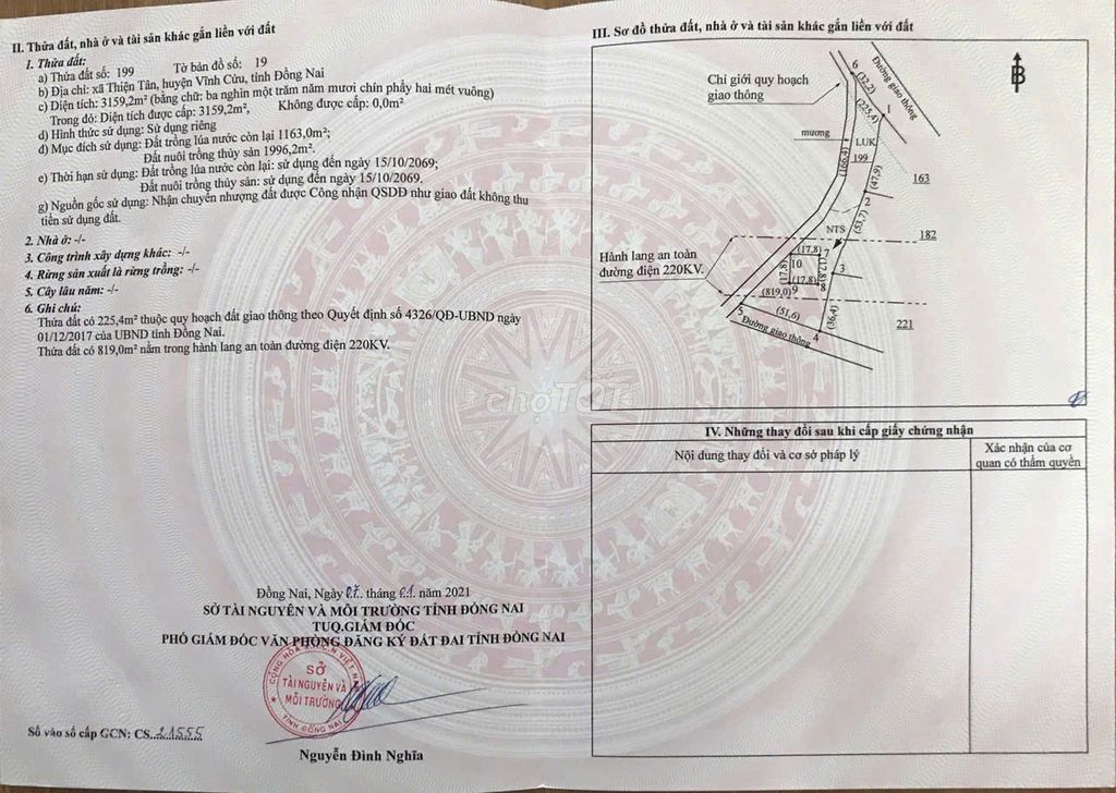 Bán đất 3159m2 ở Thiện tân, Vĩnh cửu, giá 5 tỷ