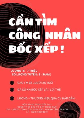 Tuyển Nhân Viên Bốc Xếp  ( Kv HCM , Bình Tân )