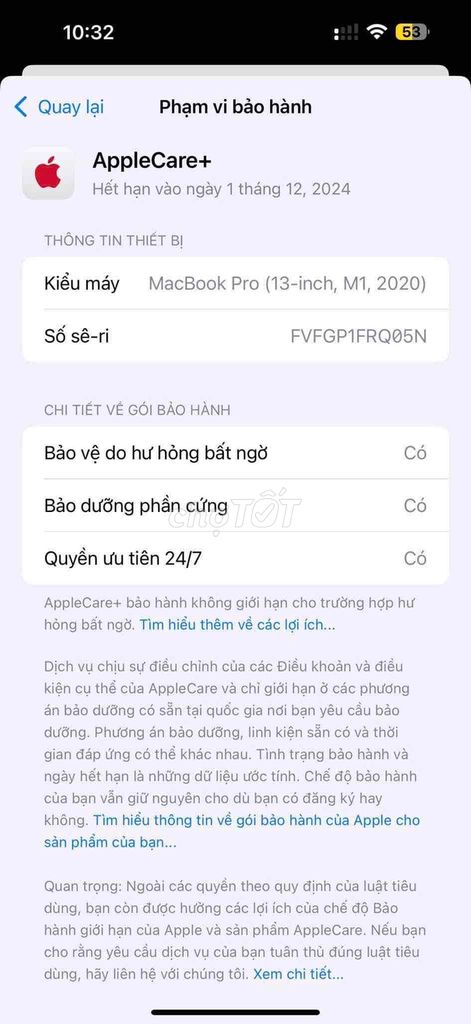 macbook pro m1 16/512 còn bảo hành apple care