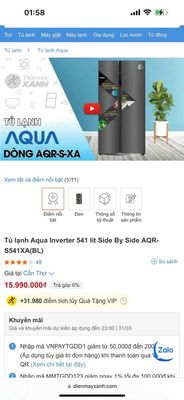 Tủ lạnh Aqua Inverter 541 lít Side By Side AQR-S54