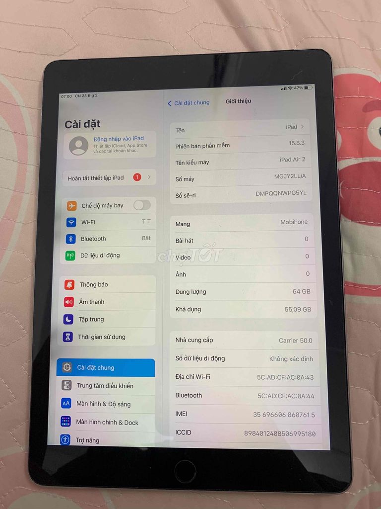 ipad Air 2 64gb có 4G pin mới thay reset thoải mái