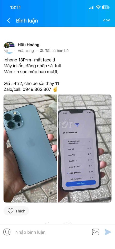 Apple iPhone 13 Pro Max Xanh Đã sử dụng. Mua bán Điện thoại tại Quận Ninh Kiều Cần Thơ được đăng bởi Bui Hoang hình 1