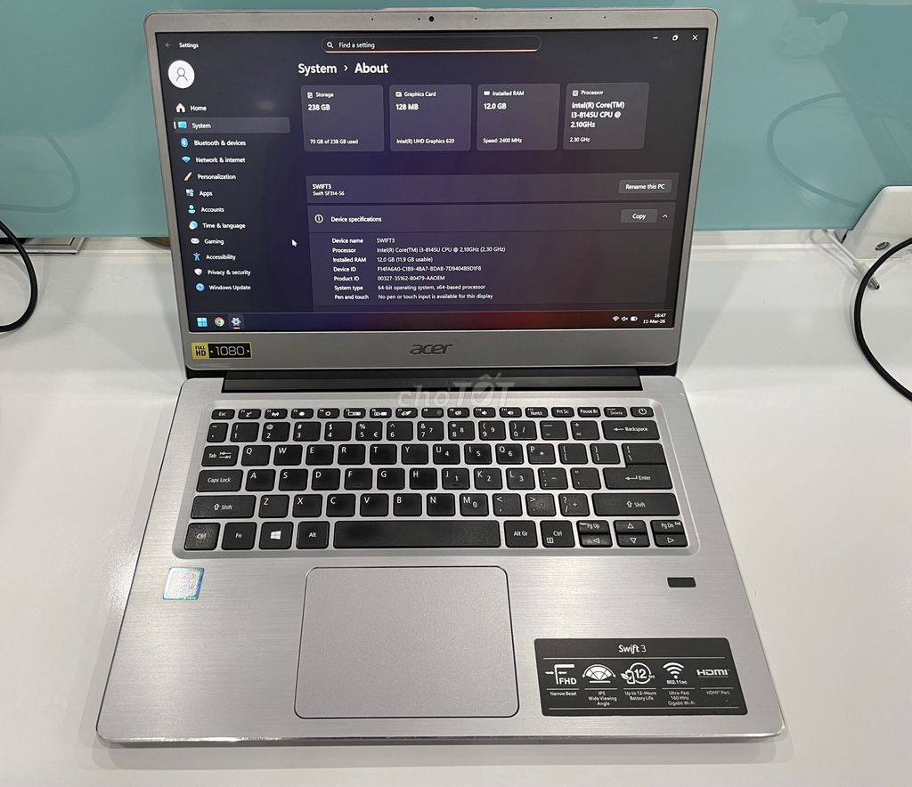 AcerSwift 3, i3-8145U, 12/240, 14"FHD IPS, vỏ nhôm. Mua bán Laptop tại Quận Bình Thạnh Tp Hồ Chí Minh được đăng bởi Tri Nguyen hình 1