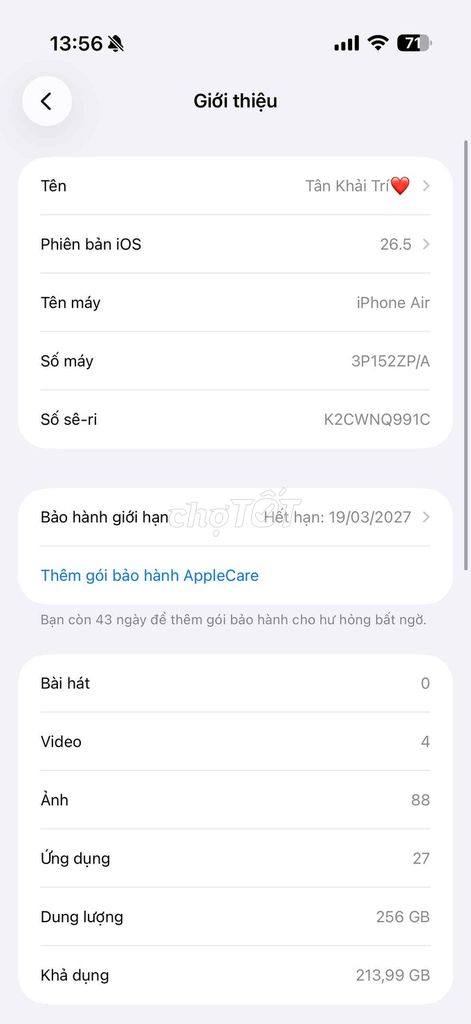 Apple iPhone Air 256GB. Mua bán Điện thoại tại Quận Thanh Xuân Hà Nội được đăng bởi tankhaitri hình 1