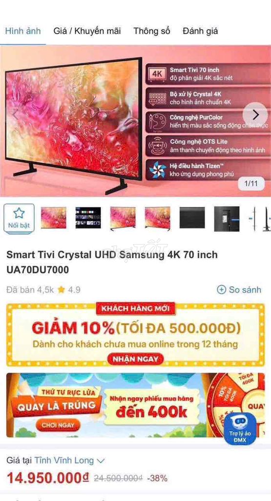Tivi Samsung UA70DU7000 4K UHD. Mua bán Tivi, Âm thanh tại Quận Bình Thuỷ Cần Thơ được đăng bởi Trí Nhân  hình 1