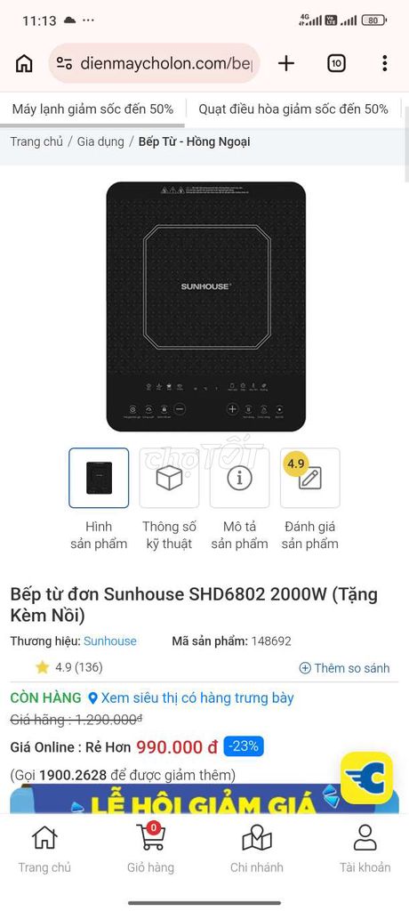 Bếp từ đơn Sunhouse SHD6802 Đen. Mua bán Bếp, lò, đồ điện nhà bếp tại Quận 7 Tp Hồ Chí Minh được đăng bởi Van Duy hình 1