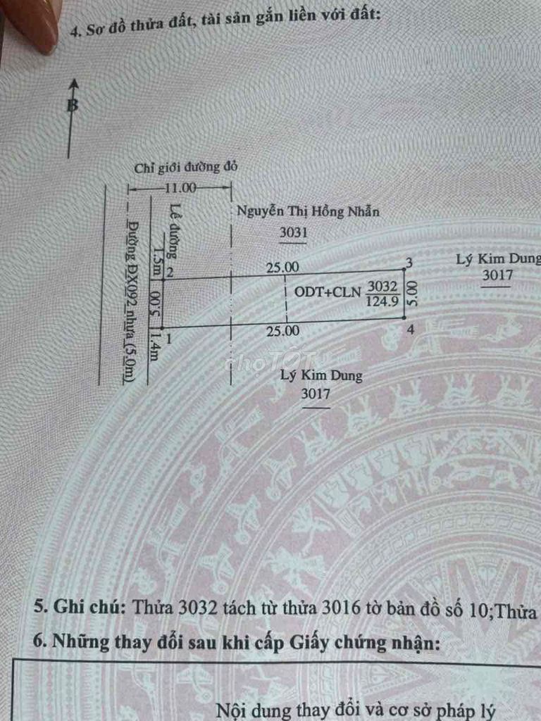 Mặt tiền dx092 DT 5x25 thổ cư 60m2 gần Chợ Bưng Cầu