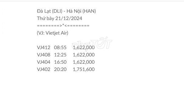 Đà Lạt (DLI) - Hà Nội (HAN) Thứ bảy 21/12/2024