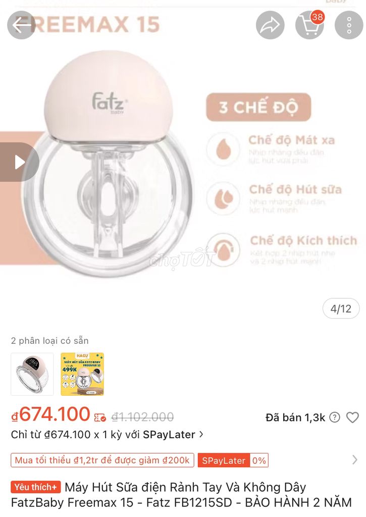 Máy hút sữa đơn (1 cái) FatzBaby Freemax15