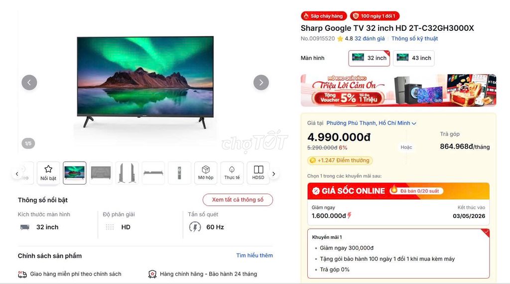 Tivi Sharp 2T-C32GH3000X Mới. Mua bán Tivi, Âm thanh tại Thành phố Thủ Đức Tp Hồ Chí Minh được đăng bởi Trường hình 1