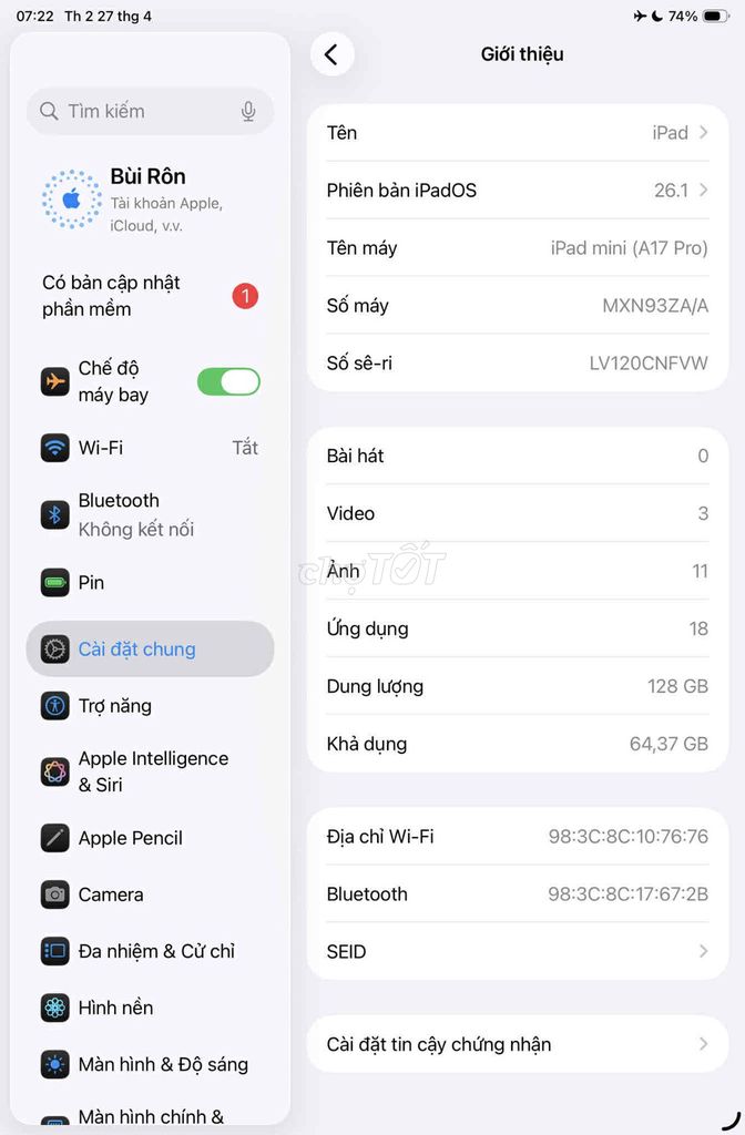 Apple iPad mini 7 A17 Pro wifi 128GB Tím. Mua bán Máy tính bảng tại Huyện Củ Chi Tp Hồ Chí Minh được đăng bởi Quang Rôn hình 1
