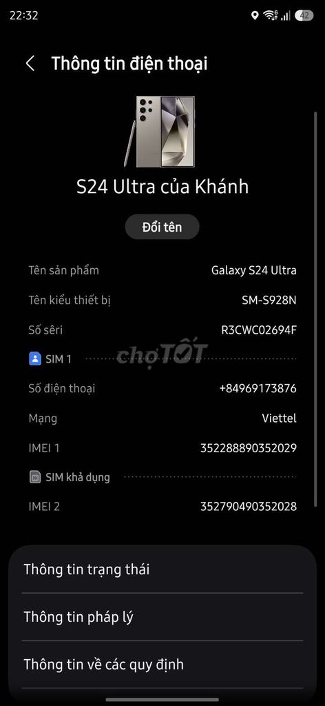 Samsung S24 Ultra 12GB/512GB Xám. Mua bán Điện thoại tại Huyện Gia Lâm Hà Nội được đăng bởi khánh hình 1