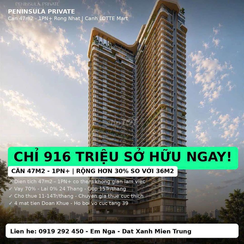 916Tr Sở Hữu Căn 47m2 (1PN+) Peninsula Private - Cạnh Lotte