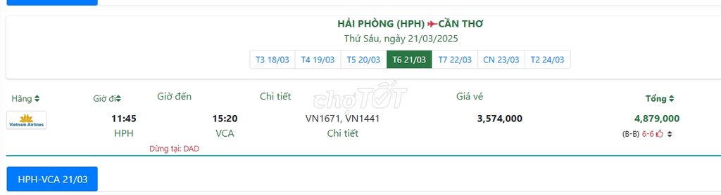 HẢI PHÒNG (HPH) CẦN THƠ Thứ Sáu, ngày 21/03/2025