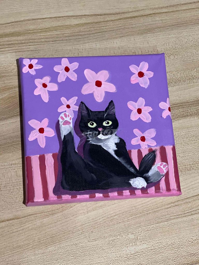 Tranh vẽ thủ công Vải canvas Mèo Tím hồng
