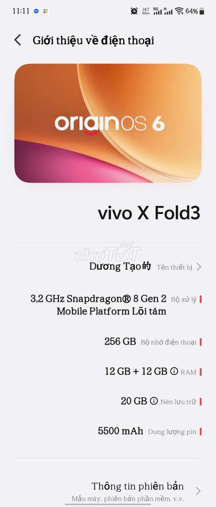 Vivo X Fold3 256GB Đen. Mua bán Điện thoại tại Huyện Việt Yên Bắc Giang được đăng bởi Dương Văn Tạo hình 1