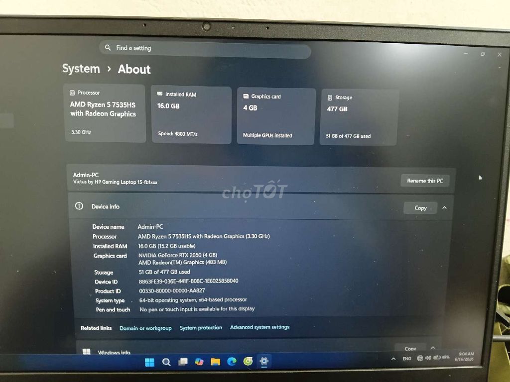 HP Victus 15 Ryzen 5 7535HS 16GB/512GB RTX 2050. Mua bán Laptop tại Quận Hà Đông Hà Nội được đăng bởi Bình thường Phạm hình 1