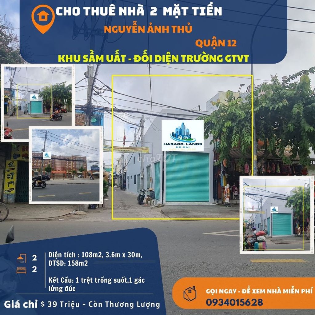 CỰC HIẾM-Cho thuê nhà 2 Mặt Tiền Nguyễn Ảnh Thủ 108m2