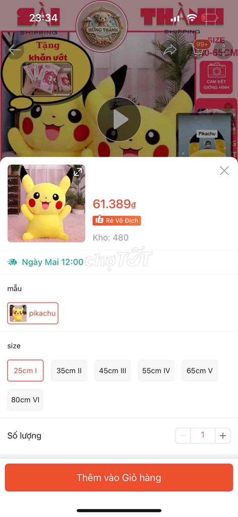 Thú nhồi bông Pikachu Vàng 25cm