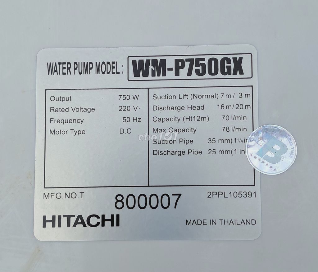 Bơm nc tg áp biến tầng HITACHI WM-P750GX, mới >90%