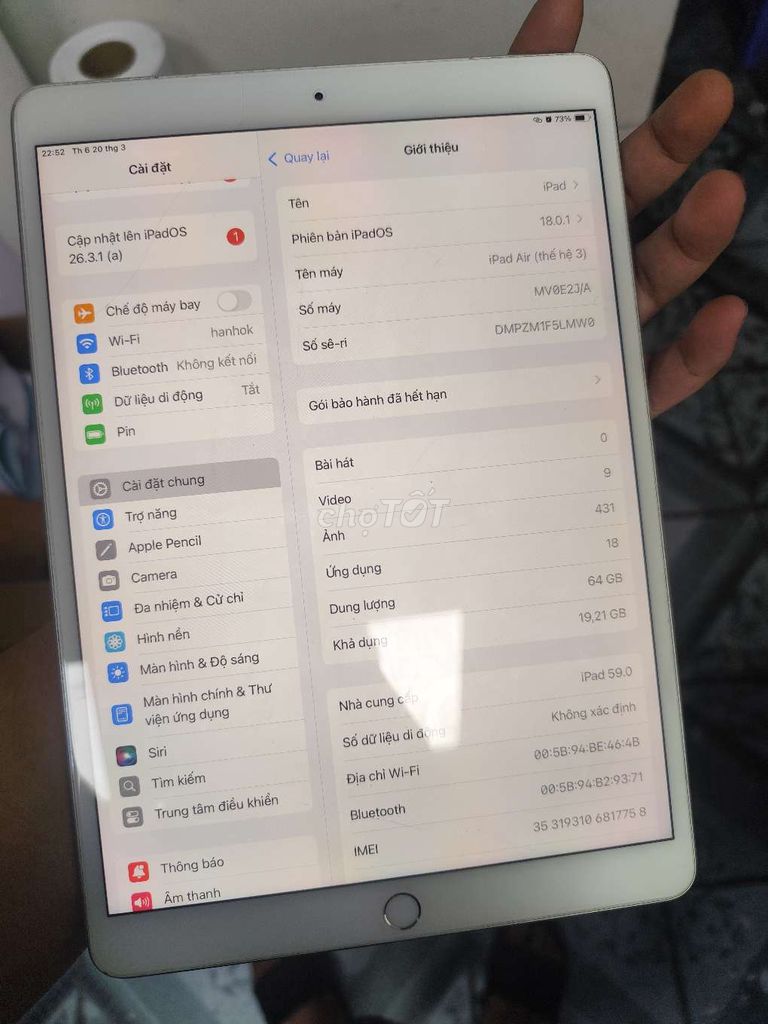 Apple iPad Air 3 64GB Bạc. Mua bán Máy tính bảng tại Quận Cầu Giấy Hà Nội được đăng bởi Hanh hình 1