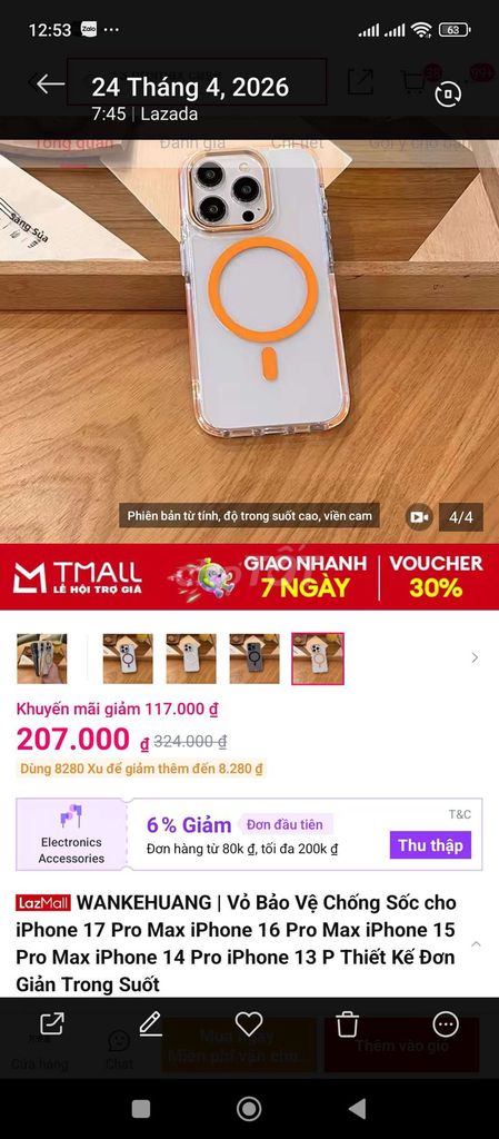 Vỏ iPhone 15 Pro Max Silicon Trong suốt. Mua bán Phụ kiện (Màn hình, Chuột...) tại Huyện Quảng Điền Thừa Thiên Huế được đăng bởi hàng boom lazada hình 1