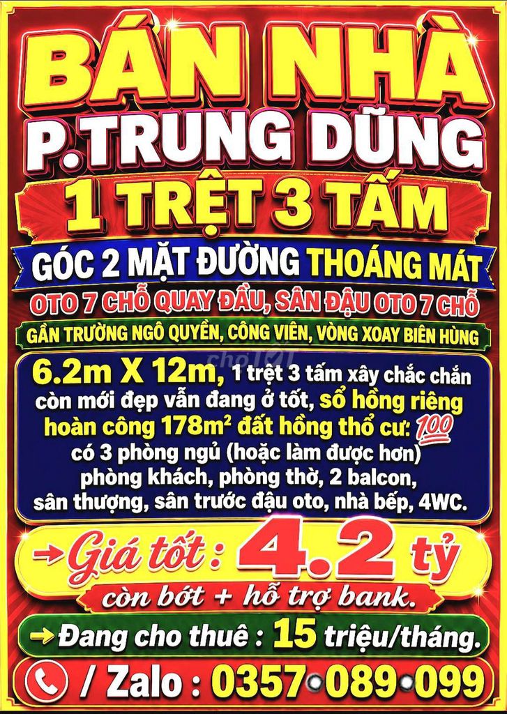 BÁN NHÀ TRUNG DŨNG, 1TRỆT 3TẤM, GÓC 2 MẶT ĐƯỜNG OTO, SÂN ĐẬU OTO