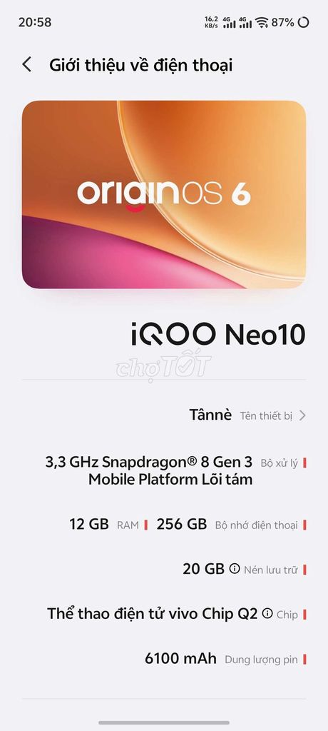 iQOO Neo10 Snapdragon 8 Gen 3 12GB/256GB. Mua bán Điện thoại tại Huyện Krông Búk Đắk Lắk được đăng bởi Hữu Tân hình 1