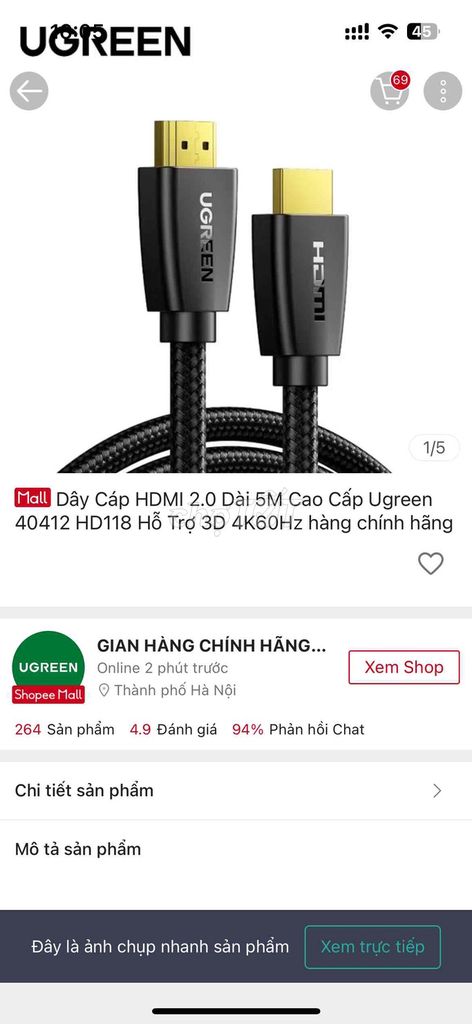 Dây cáp HDMI Ugreen 40412 HD118 5m 4K Đen. Mua bán Phụ kiện (Màn hình, Chuột...) tại Thành phố Đà Lạt Lâm Đồng được đăng bởi Ngô Sơn hình 1