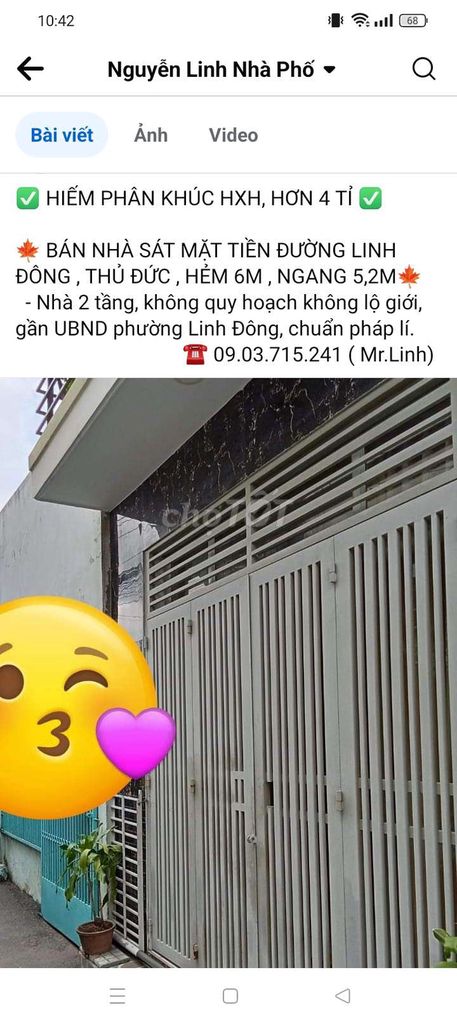 BÁN NHÀ SỔ HỒNG RIÊNG SÁT MẶT TIỀN LINH ĐÔNG THỦ ĐỨC,HẺM 6M,NGANG 5,2M