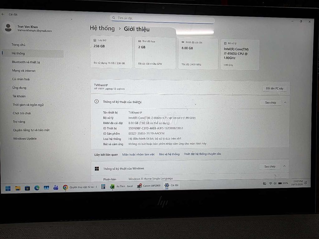 HP Envy 13 i7 8GB/256GB SSD Bạc. Mua bán Laptop tại Thành phố Rạch Giá Kiên Giang được đăng bởi Khen hình 1
