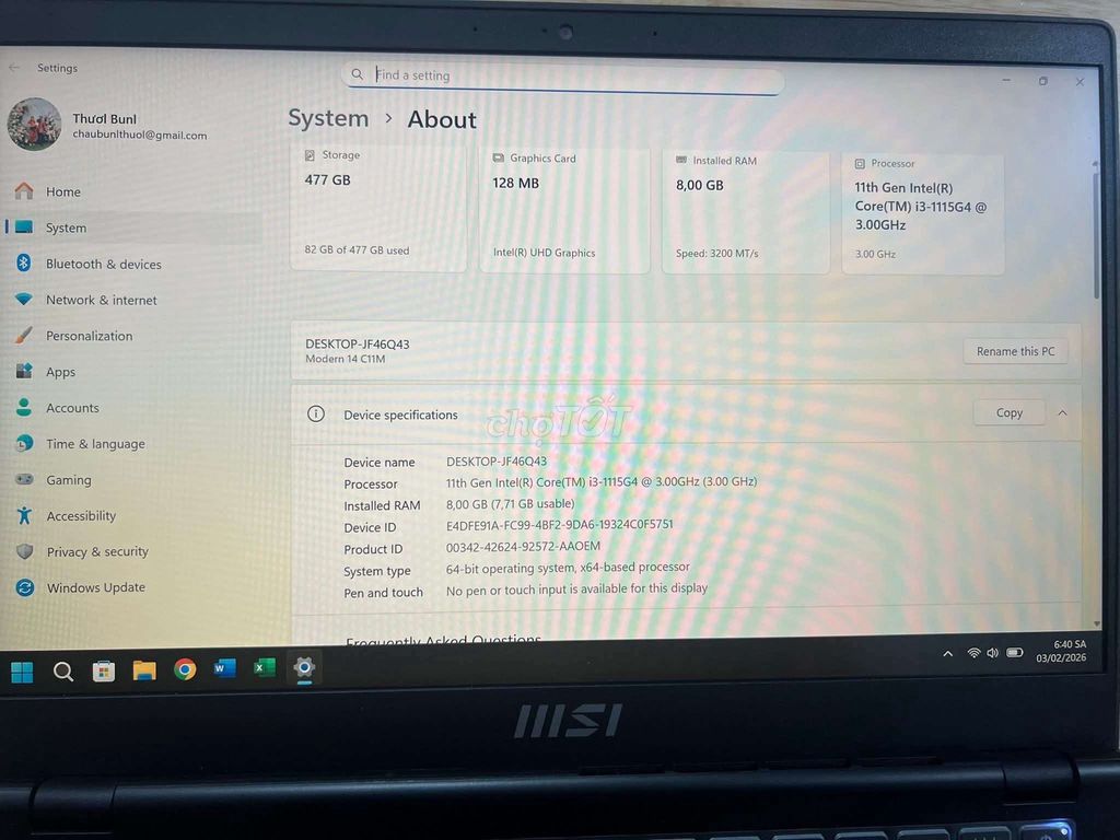 MSI Modern 14 C11M i3-1115G4 14 inch 8GB/512GB. Mua bán Laptop tại Huyện Tịnh Biên An Giang được đăng bởi Thương hình 1
