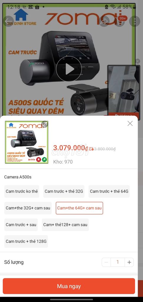 Camera hành trình 70mai A500S Đen. Mua bán Máy ảnh, Máy quay tại Quận Hải Châu Đà Nẵng được đăng bởi ga con hình 1
