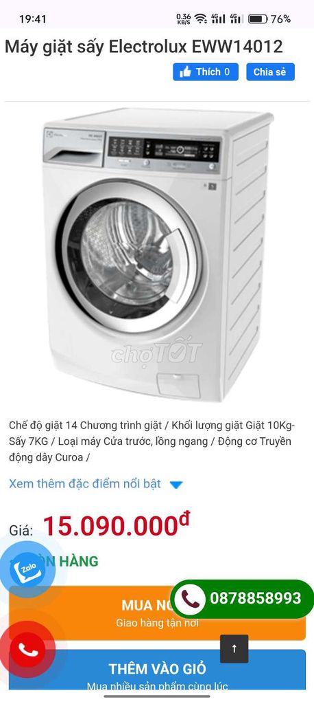 Thanh lý máy giặt Electrolux giặt 10kg sấy 7 kg