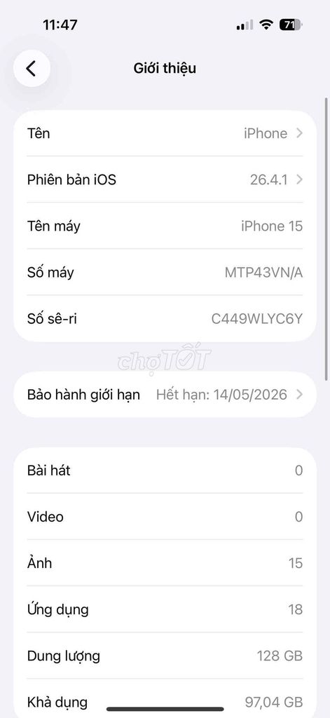 iPhone 15 qtế 128GB màu bạc. Mua bán Điện thoại tại Thành phố Thủ Dầu Một Bình Dương được đăng bởi Thế Quân hình 1