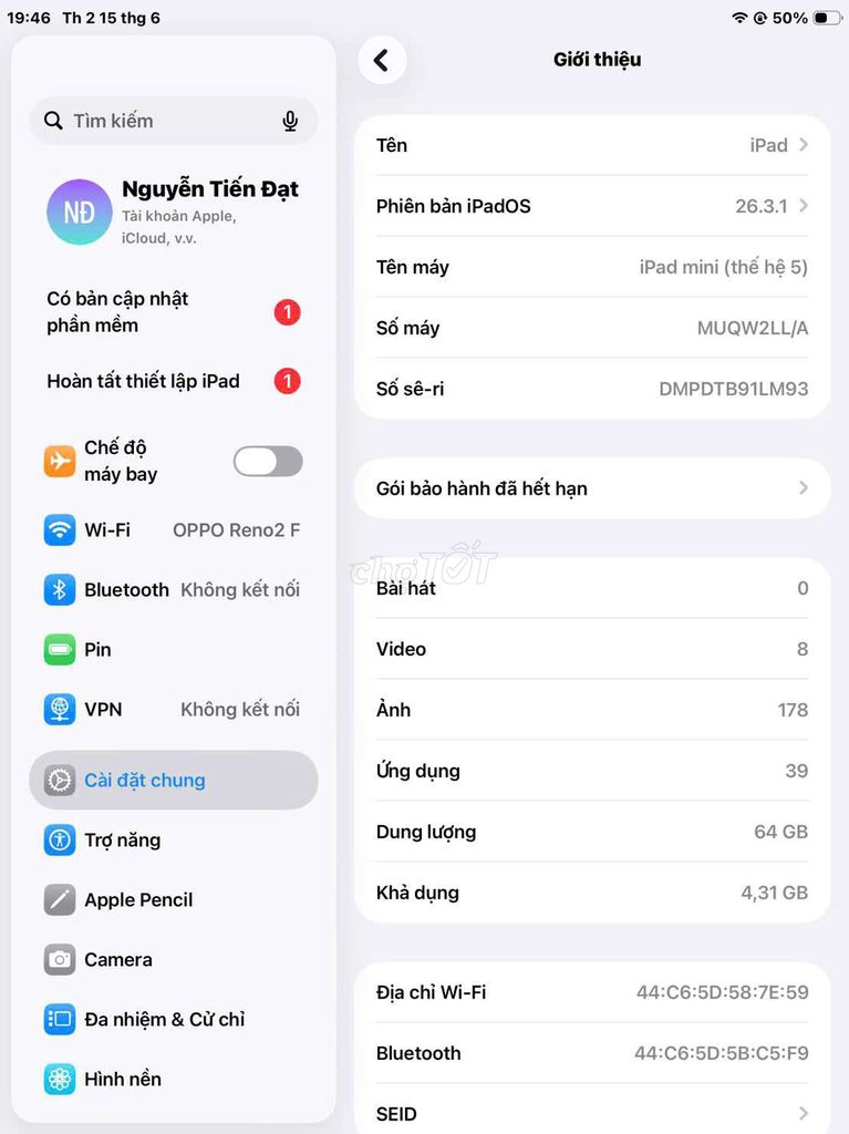 iPad mini 5 zin hết có fix. Mua bán Máy tính bảng tại Thị xã Từ Sơn Bắc Ninh được đăng bởi Đat Nguyen hình 1