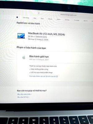MacBook Air M3/8/256 13' mới mua  3 tháng bên hàn