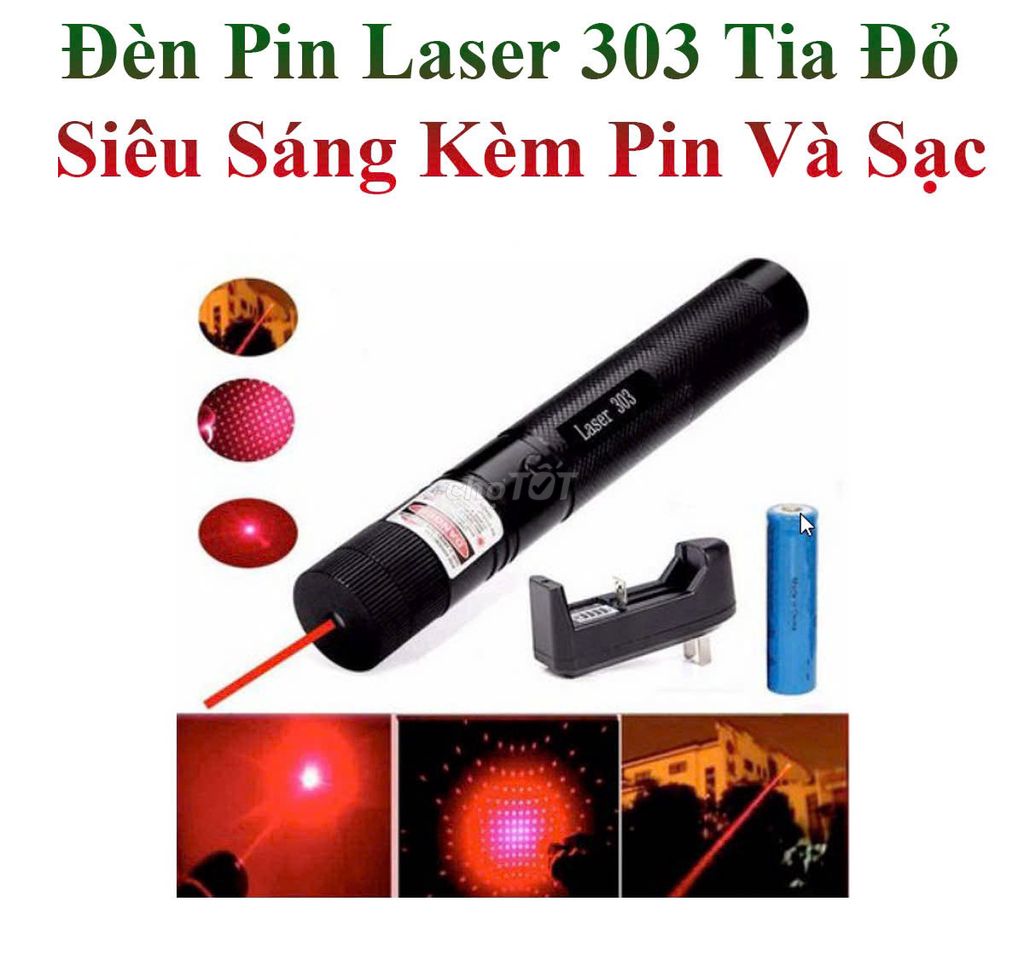 Đèn Pin Laser303 Tia Xanh-Đỏ Siêu Sáng Kèm Pin-Sạc