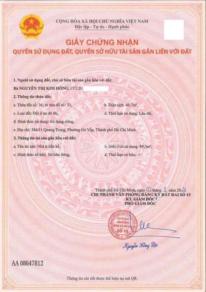 BÁN NHÀ CHÍNH CHỦ HẺM XE HƠI VỊ TRÍ HẺM XE HƠI ĐƯỜNG QUANG TRUNG, P10