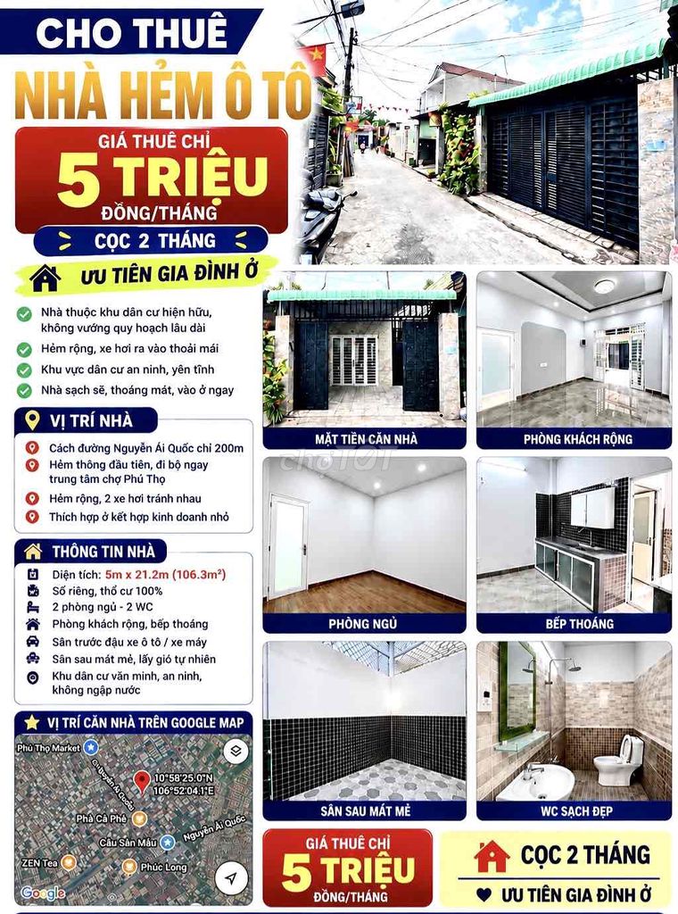NHÀ MỚI TRUNG TÂM CHỢ PHÚ THỌ, HẺM THÔNG XE HƠI, GIÁ THUÊ 5 TR.Đ/THÁNG