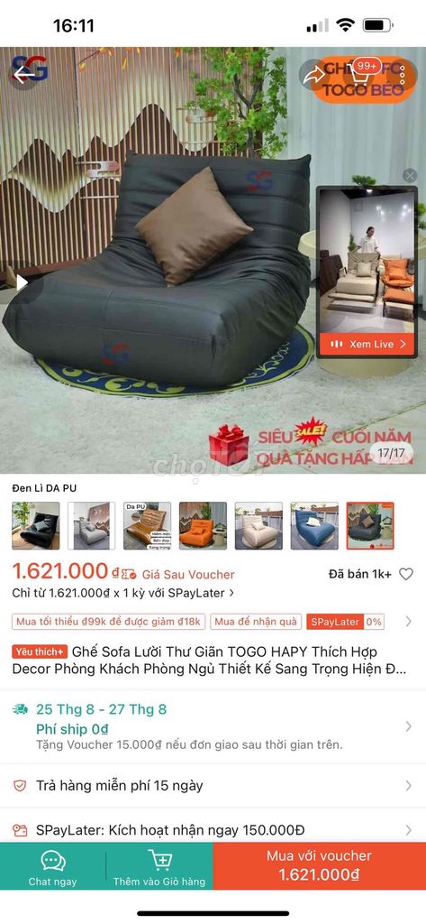 Ghế sofa lười TOGO HAPY Da PU Đen. Mua bán Bàn ghế tại Quận Liên Chiểu Đà Nẵng được đăng bởi Dương  hình 1